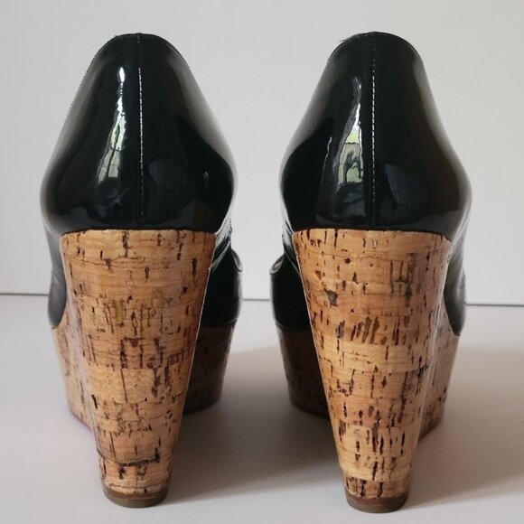 Christian Louboutin Black Patent Leather Peep Toe Cork Sole Platform Wedges - Picture 10 of 14
